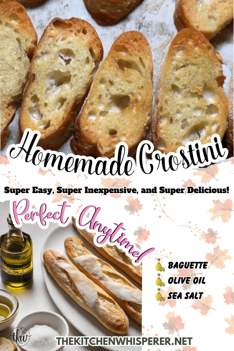 Making crostini from scratch is super easy and is so inexpensive. Stop buying premade stuff and start making it homemade! It's the perfect appetizer base and soup dipper! The Best & Easiest Homemade Crostini, appetizer toast, easy toast, french baguettes, crunchy bread, crispy bread