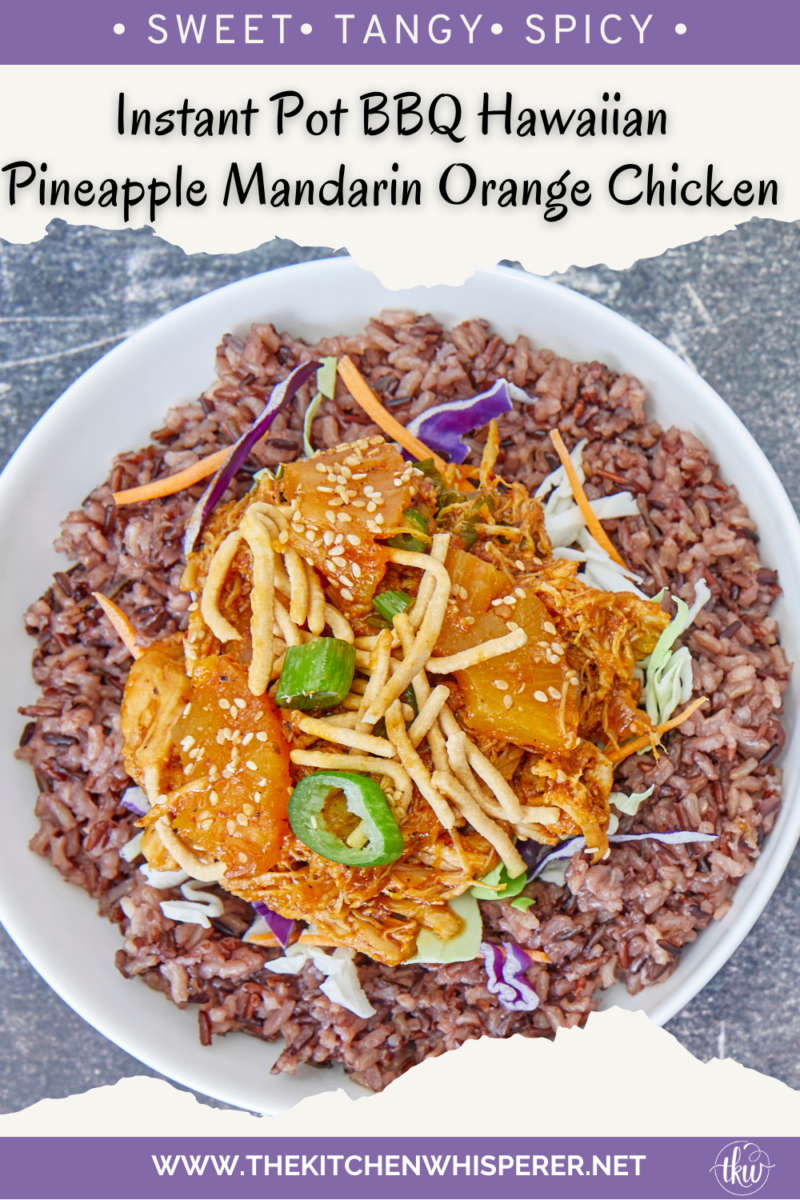 Tender shredded chicken bathed in a sweet & spicy BBQ sauce with bits of pineapple, mandarin oranges, and red onions make this an unforgettable and delicious recipe. Perfect for a quick weeknight dinner, wrap filling, nacho topping, or weekly meal prep protein! BBQ Hawaiian Shredded Chicken In The Instant Pot, pineapple chicken, sweet and spicy chicken, orange chicken, meal prep chicken, bbq chicken, pulled chicken, chicken wraps, chicken nachos, tangy bbq chicken