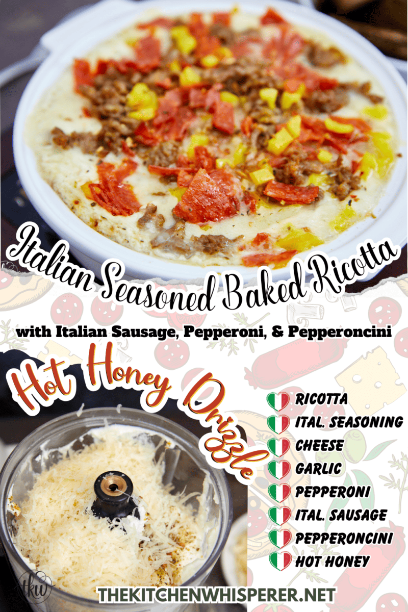 With fall and football season here, this cheesy baked ricotta dip is perfect for game day! Crispy pepperoni, crumbled Italian Sausage, and spicy pepperoncini baked on top of a cheesy ricotta spread and finished with a hot honey drizzle. Italian Seasoned Baked Ricotta with Double Meat and pepperoncini, hot italian dip, italian hoagie dip, football foods, hot ricotta dip, baked ricotta cheese dip, italian sausage dip, meat pizza dip