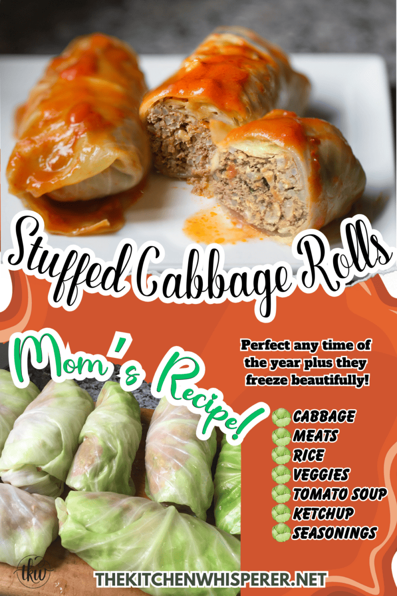 No summer cookout is complete without a tray of stuffed cabbages! Tender cabbage leaves stuffed with rice, seasoned ground meats and a rich tomato sauce make this the perfect summer comfort food. Plus these freeze beautifully! homemade stuffed cabbage, best cabbage rolls, beef and cabbage rolls, halupki, pigs in a blanket, stuffed cabbage, cabbage rolls, pigs in a blanket, graduation party food, polish cabbage rolls, slovak stuffed cabbage, freezer meals #stuffedcabbage #pigsinablanket