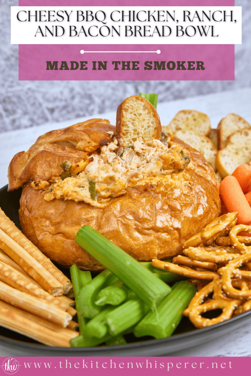 This cheesy smoked bread bowl is perfect for Sunday football or hanging out with friends. Stuffed with BBQ chicken, crispy bacon, cheese, and ranch seasoning, this over-the-top bread bowl is always a crowd favorite! Ultimate Smoked BBQ Chicken Bacon And Ranch Bread Bowl, stuffed bread bowl, crack chicken dip, bacon chicken ranch dip, smoked bread, yoder smokers, flattop grills