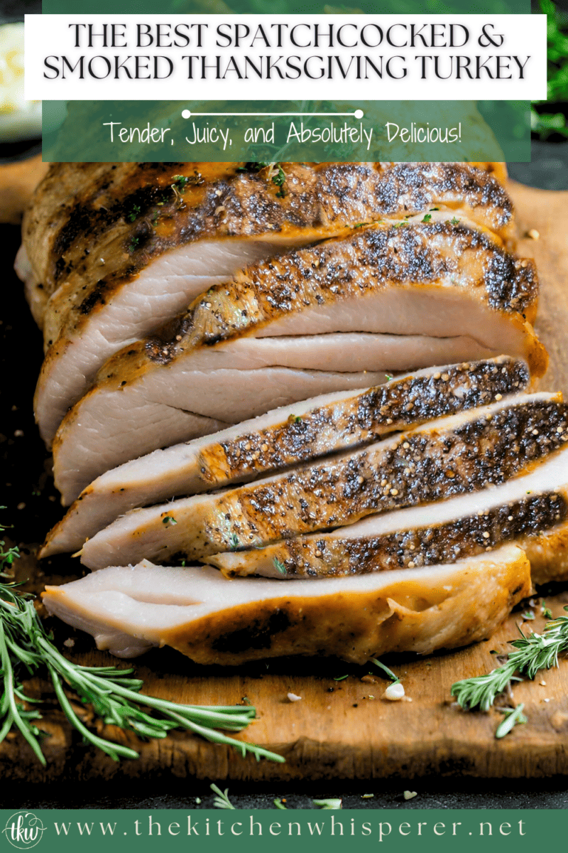 One of the most tender, juiciest, flavorful turkeys you'll ever eat! Spatchcock-style smoked Garlic herb butter-infused turkey meat smoked to perfection! The Best Smoked Spatchcock Thanksgiving Turkey, smoked turkey, thanksgiving dinner, easy turkey dinner, butter injection, perfect thanksgiving turkey
