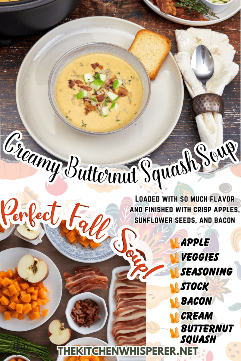 This is THE BEST creamy butternut squash soup. It's so simple to make yet tastes absolutely luxurious. Loaded with so much flavor and finished with crisp apples, sunflower seeds, and bacon. Creamy Butternut Squash Soup, simple creamy butternut squash soup, the best butternut squash soup, ultimate butternut squash soup, creamy butternut squash soup with cream, best creamy butternut squash soup, carrots and butternut squash soup