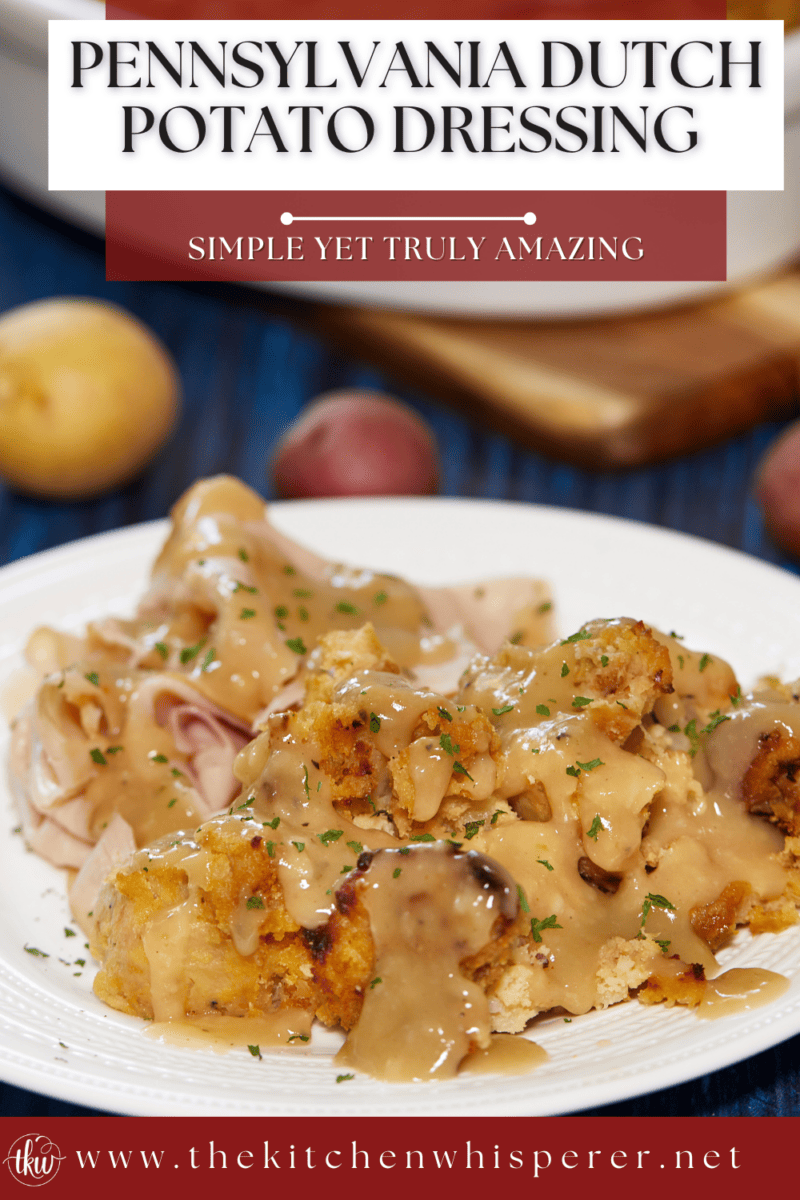 This classic PA Dutch Potato Dressing is the perfect side dish to any holiday or Sunday supper! Just a few simple ingredients are all you need to quickly have this be a family favorite for generations to come! Pennsylvania dutch potato filling, Amish potato stuffing, thanksgiving dressing, potato filling, best side dishes for thanksgiving, baked potato and bread casserole, #padutchpotatofilling #potatodressing #thanksgivingdressing