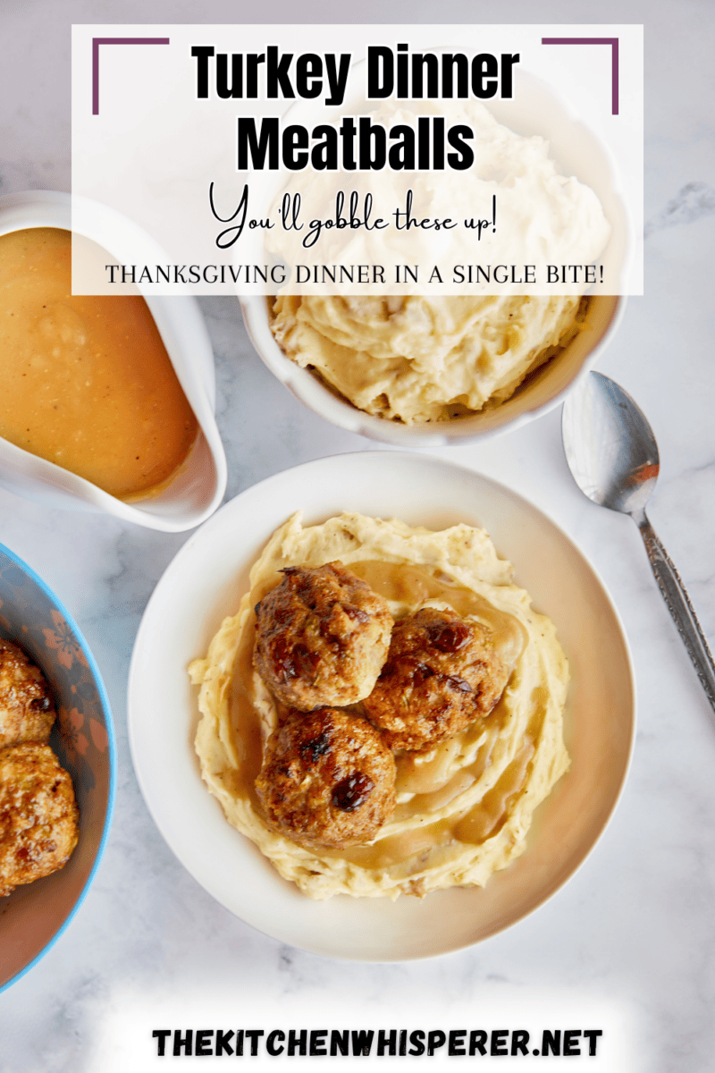 If you love Thanksgiving and all of the great flavors of it, then you will LOVE these Thanksgiving Gobbler Turkey Dinner Meatballs! Ground turkey blended with stuffing seasonings, milk bread, sauteed onions, and celery plus cranberry relish! It's like turkey and stuffing as a meatball! thanksgiving meatballs, stuffing meatballs, turkey and stuffing meatballs, turkey meatballs and gravy, #thanksgiving #meatballs #turkeymeatballs