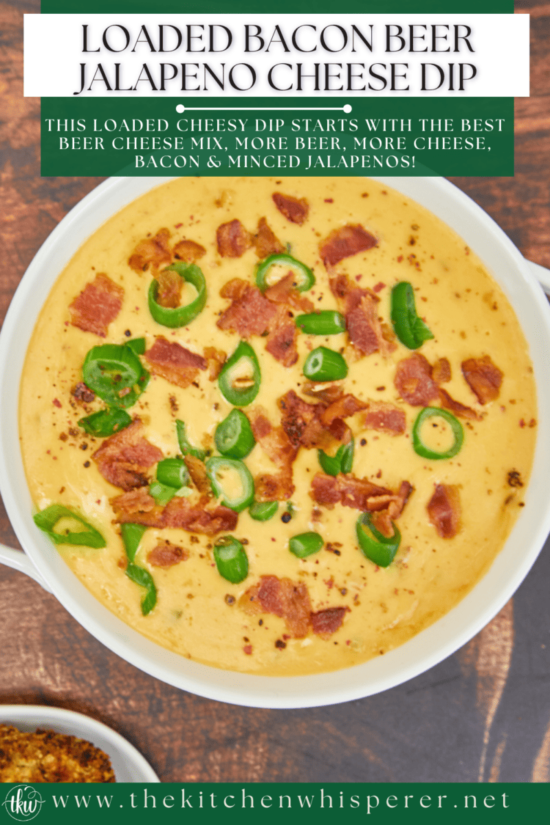 This loaded cheesy dip starts with the Hoosier Hill Beer Cheese Mix, more beer, shredded cheddar & smoked Gouda, crispy bacon, and minced jalapenos! This dip comes together in minutes! Ultimate Loaded Beer Bacon Jalapeno Cheese Dip, beer cheese, hot beer cheese dip, pretzel dip, football food, cheesy dip, beer dip