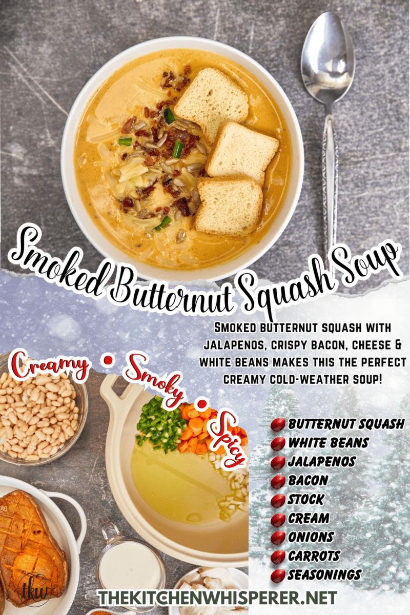 Smoked butternut squash with jalapenos, crispy bacon, cheese & white beans makes this the perfect creamy cold-weather soup! Ultimate Creamy Smoked Butternut Squash White Bean Bacon Soup, smoked winter squash, creamy butternut squash soup, northern bean soup, winter soups, yoder smokers soups