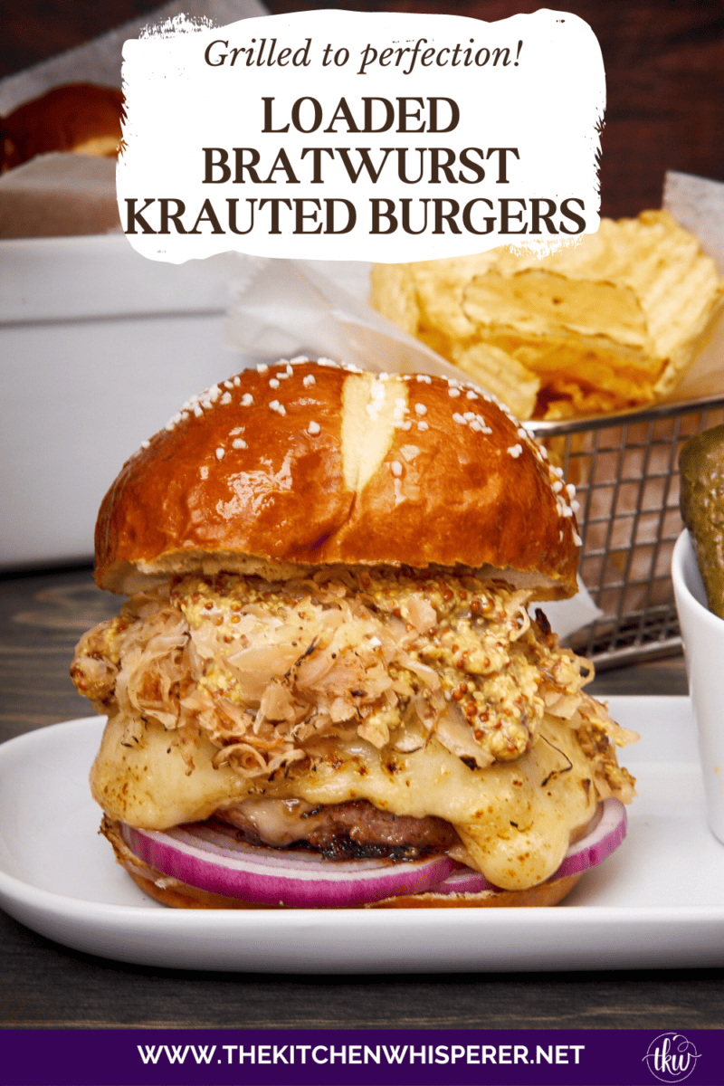 Prepare to take your taste buds on a flavor-packed journey of a perfectly grilled bratwurst burger stuffed with sauerkraut and gooey Swiss cheese. A slice of red onion, crispy sauerkraut, and whole-grain mustard on a pretzel bun will make this your new favorite burger! The Best Grilled German Bratwurst Burgers Stuffed With Cheese & Sauerkraut, grilled German bratwurst, juicy Lucy German burgers, Oktoberfest burgers, stuffed burgers, pork burgers, sausage burgers, grilled burgers