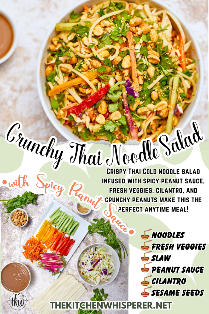 Crispy Thai Cold noodle salad infused with spicy peanut sauce, fresh veggies, cilantro, and crunchy peanuts cold thai noodle salad with peanut dressing, thai noodle salad with peanut sauce, sesame noodles, thai noodle salad dressing, spicy peanut sauce, vegetarian thai salad, cold peanut noodle salad, asian cold noodle salad