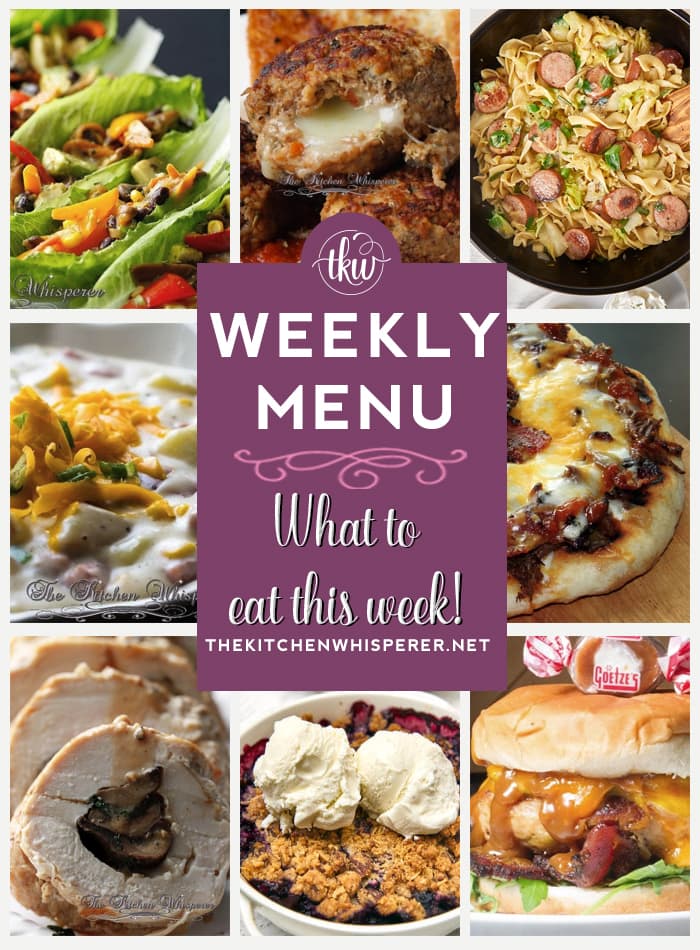 These Weekly Menu recipes allow you to get out of that same ol’ recipe rut and try some delicious and easy dishes! This week, I highly recommend making my Creamy Ham, Potato and Corn Chowder, Pittsburgh Haluski, and Chicken Roulade Stuffed with Mushrooms, Bacon, Wilted Arugula and Shallots. weekly menu, haluski, fried cabbage, lent dishes, potato chowder, creamy chowder, chicken roll up