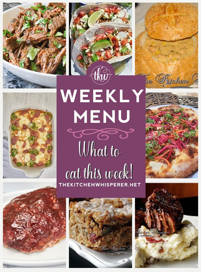 These Weekly Menu recipes allow you to get out of that same ol’ recipe rut and try some delicious and easy dishes! This week, I highly recommend making my Ultimate Cheesy Smothered Pork Chops Broccoli And Rice Casserole, The Best Smoked BBQ Meatloaf, and Pizza al Pastor with Pineapple, Salsa & Pickled Red Onions. Weekly Menu – 7 Amazing Dinners Plus Dessert, weekly menu, al pastor pizza, pickled onions, pork chop casserole, smoked bbq meatloaf