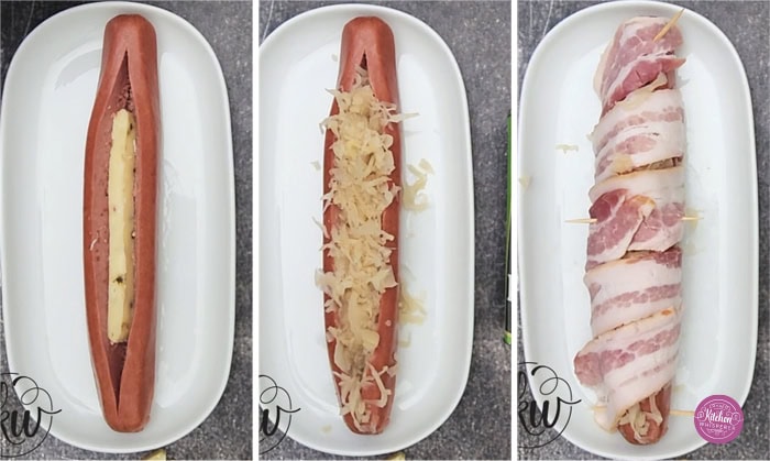 When it comes to the best summer hot dog, these grilled bacon-wrapped cheese and sauerkraut stuffed hot dogs are the best bite of the summer! Ultimate Summer Hot Dogs - Grilled Bacon Wrapped & Stuffed, cheese stuffed hot dogs, bacon wrapped hot dogs, sauerkraut hot dogs, grilled hot dogs