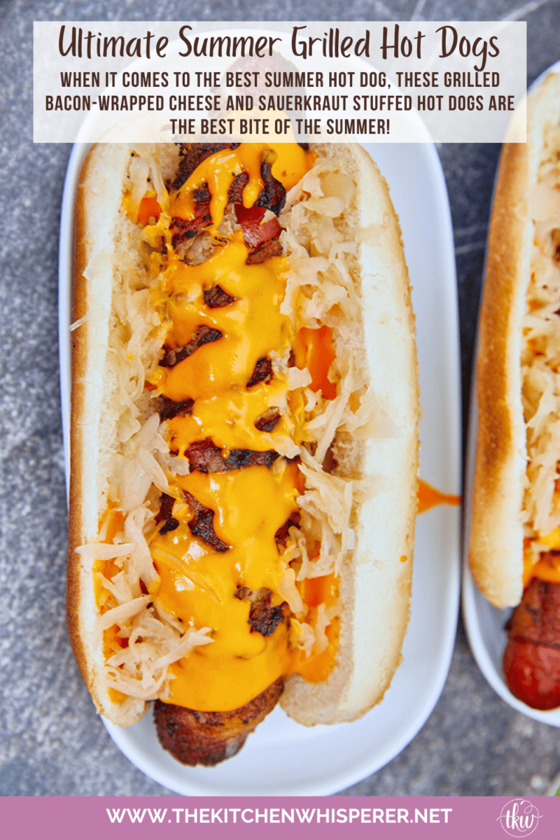 When it comes to the best summer hot dog, these grilled bacon-wrapped cheese and sauerkraut stuffed hot dogs are the best bite of the summer! Ultimate Summer Hot Dogs - Grilled Bacon Wrapped & Stuffed, cheese stuffed hot dogs, bacon wrapped hot dogs, sauerkraut hot dogs, grilled hot dogs