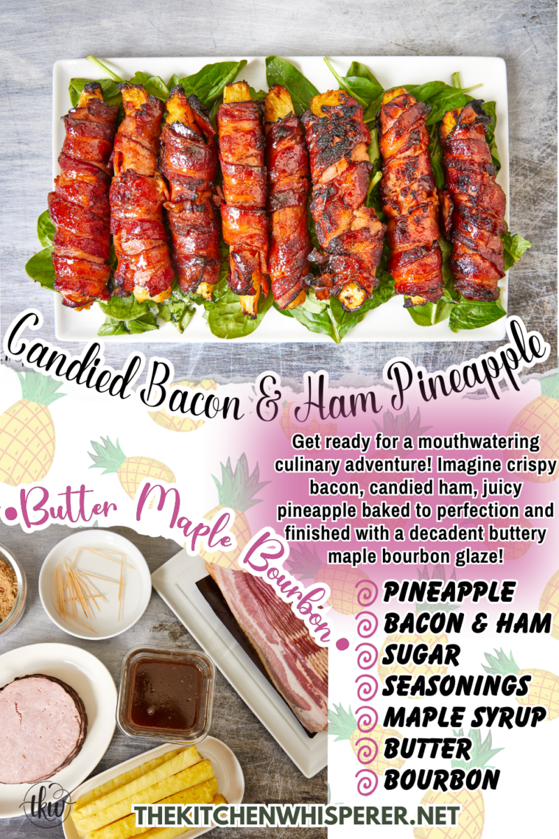 Get ready for a mouthwatering culinary adventure with a sweet and savory twist. Imagine crispy bacon, candied ham, juicy pineapple that's baked to perfection and finished with a decadent buttery maple bourbon glaze!Ultimate Buttery Maple Bourbon Glazed Candied Bacon Pineapple Spears, bacon wrapped pineapple, yoder smokers pizza oven, maple bourbon butter sauce, candied ham, summer cookout recipes, cookout appetizers, grilled pineapple