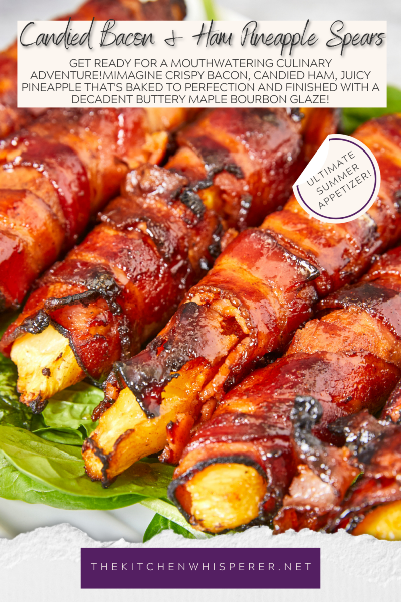 Get ready for a mouthwatering culinary adventure with a sweet and savory twist. Imagine crispy bacon, candied ham, juicy pineapple that's baked to perfection and finished with a decadent buttery maple bourbon glaze!Ultimate Buttery Maple Bourbon Glazed Candied Bacon Pineapple Spears, bacon wrapped pineapple, yoder smokers pizza oven, maple bourbon butter sauce, candied ham, summer cookout recipes, cookout appetizers, grilled pineapple