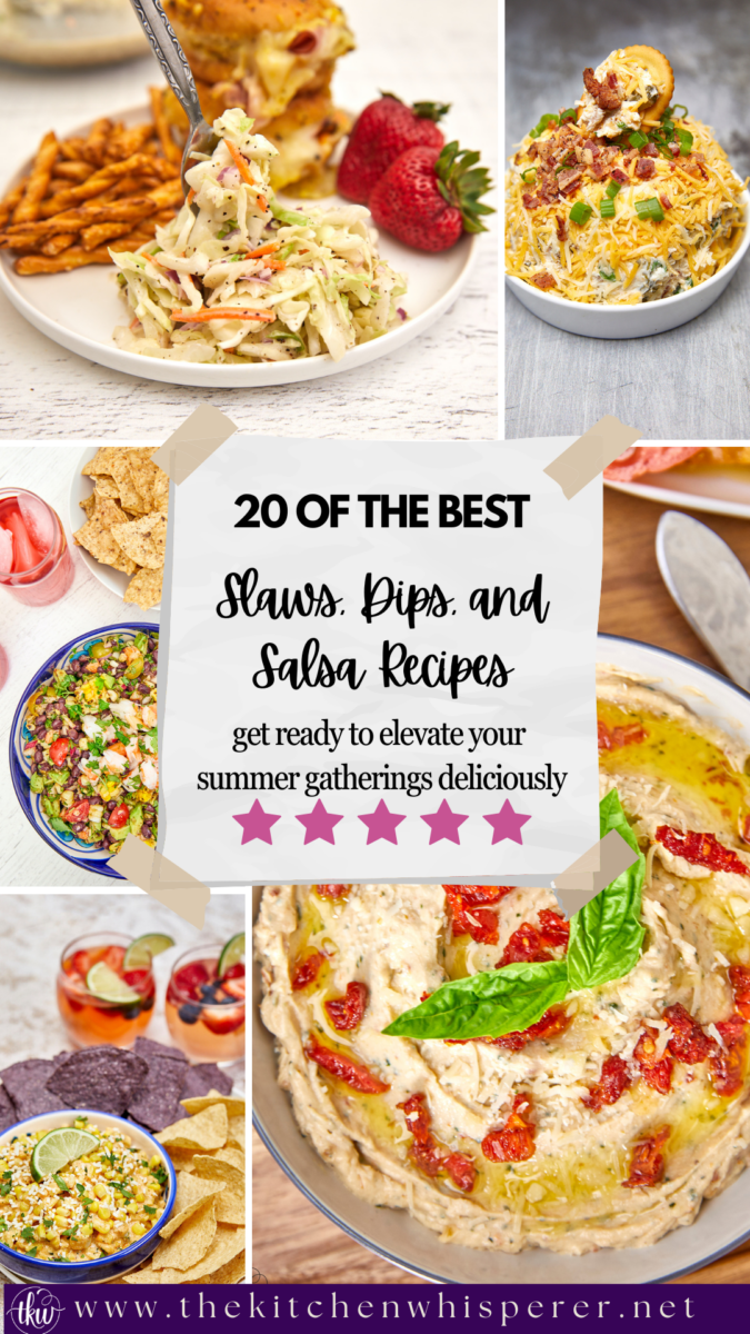 Get ready to elevate your summer gatherings with mouthwatering slaws, dips, and salsas. From tangy coleslaws to zesty salsas, I've got you covered. Follow along for 20 delicious recipes that will take your summer entertaining to the next level. 20 Of The Best Slaws, Dips, and Salsas for Summer, 20 Of The Best Slaws Dips and Salsas for Summer, pittsburgh coleslaw, roasted salsa, esquites, corn salsa, dill pickle dip, cheesecake dip