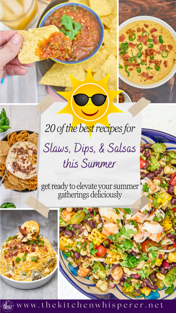 Get ready to elevate your summer gatherings with mouthwatering slaws, dips, and salsas. From tangy coleslaws to zesty salsas, I've got you covered. Follow along for 20 delicious recipes that will take your summer entertaining to the next level. 20 Of The Best Slaws, Dips, and Salsas for Summer, 20 Of The Best Slaws Dips and Salsas for Summer, pittsburgh coleslaw, roasted salsa, esquites, corn salsa, dill pickle dip, cheesecake dip