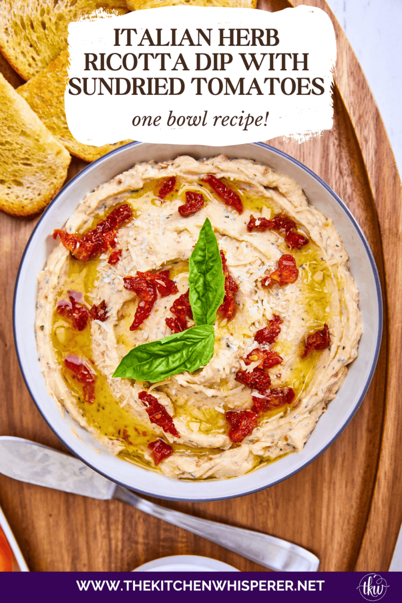 Made with rich ricotta cheese, fragrant Italian herbs, and flavorful sundried tomatoes, this dip is a symphony of flavors in every bite. Easy One Bowl Italian Herb Ricotta Dip with Sundried Tomatoes, one bowl dip, easy dip recipes, whipped ricotta, crostini toppers, bagel toppers, condiments, italian crostini, one bowl recipe