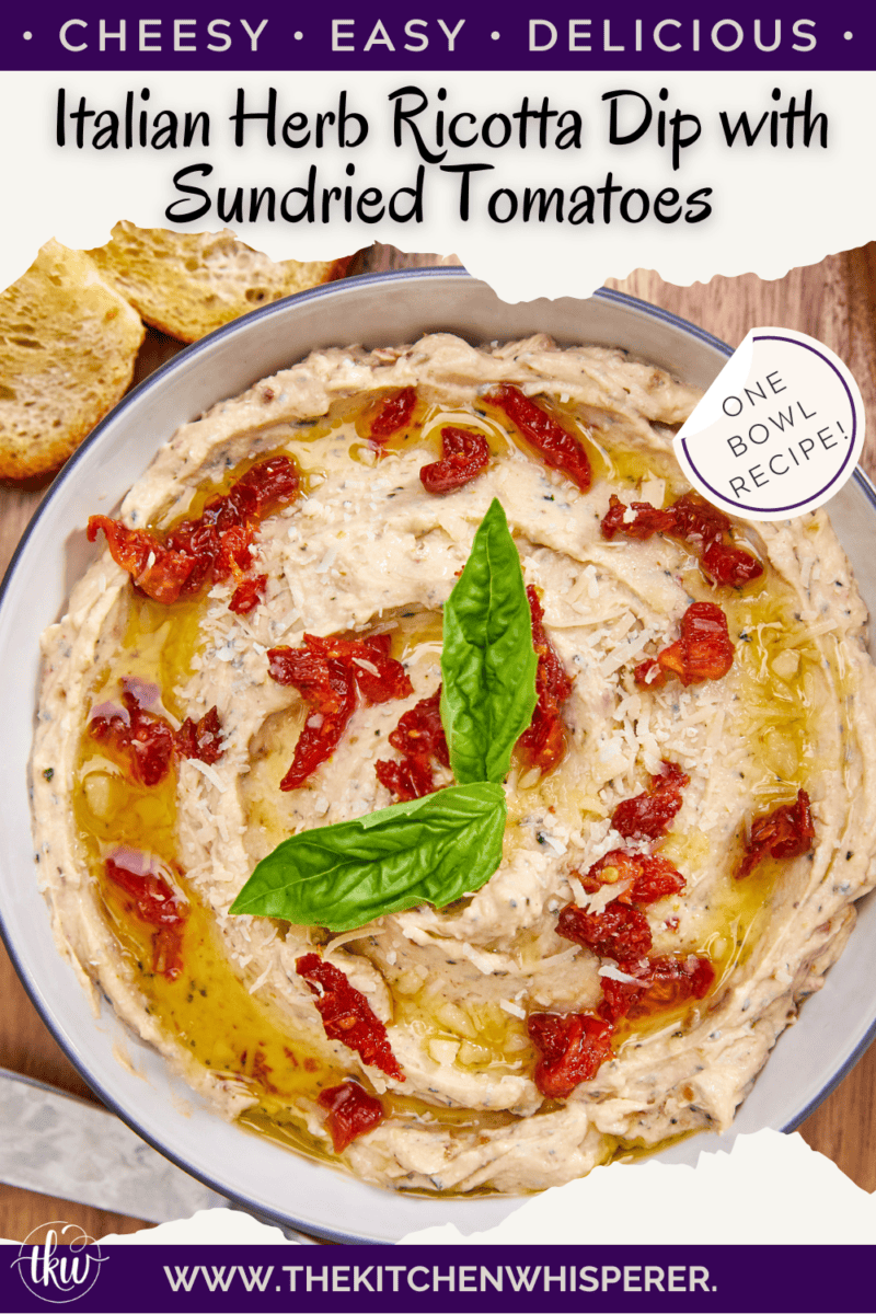 Made with rich ricotta cheese, fragrant Italian herbs, and flavorful sundried tomatoes, this dip is a symphony of flavors in every bite. Easy One Bowl Italian Herb Ricotta Dip with Sundried Tomatoes, one bowl dip, easy dip recipes, whipped ricotta, crostini toppers, bagel toppers, condiments, italian crostini, one bowl recipe