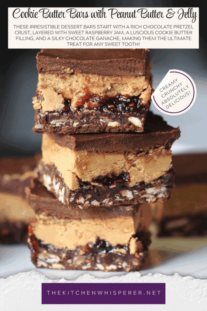 These irresistible dessert bars start with a rich chocolate pretzel crust, layered with sweet raspberry jam, a luscious cookie butter filling, and a silky chocolate ganache, making them the ultimate treat for any sweet tooth!