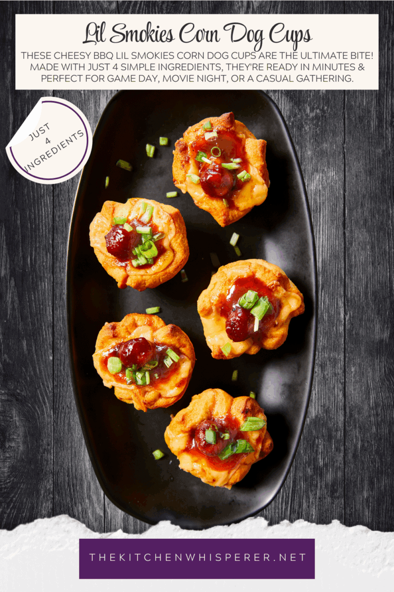 These cheesy BBQ Lil Smokies corn dog cups are the ultimate bite! Made with just 4 simple ingredients, they're ready in minutes & perfect for game day, movie night, or a casual gathering.