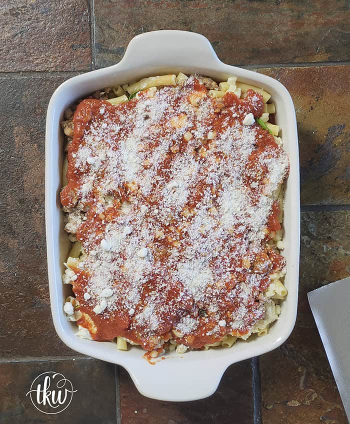 When you need something warm, hearty, & comforting that everyone will love, this dish always hits the spot. Layers of rich marinara, tender ziti, creamy three-cheese ricotta filling, and zesty Italian sausage come together to create a bubbling, irresistibly cheesy dinner everyone will love.