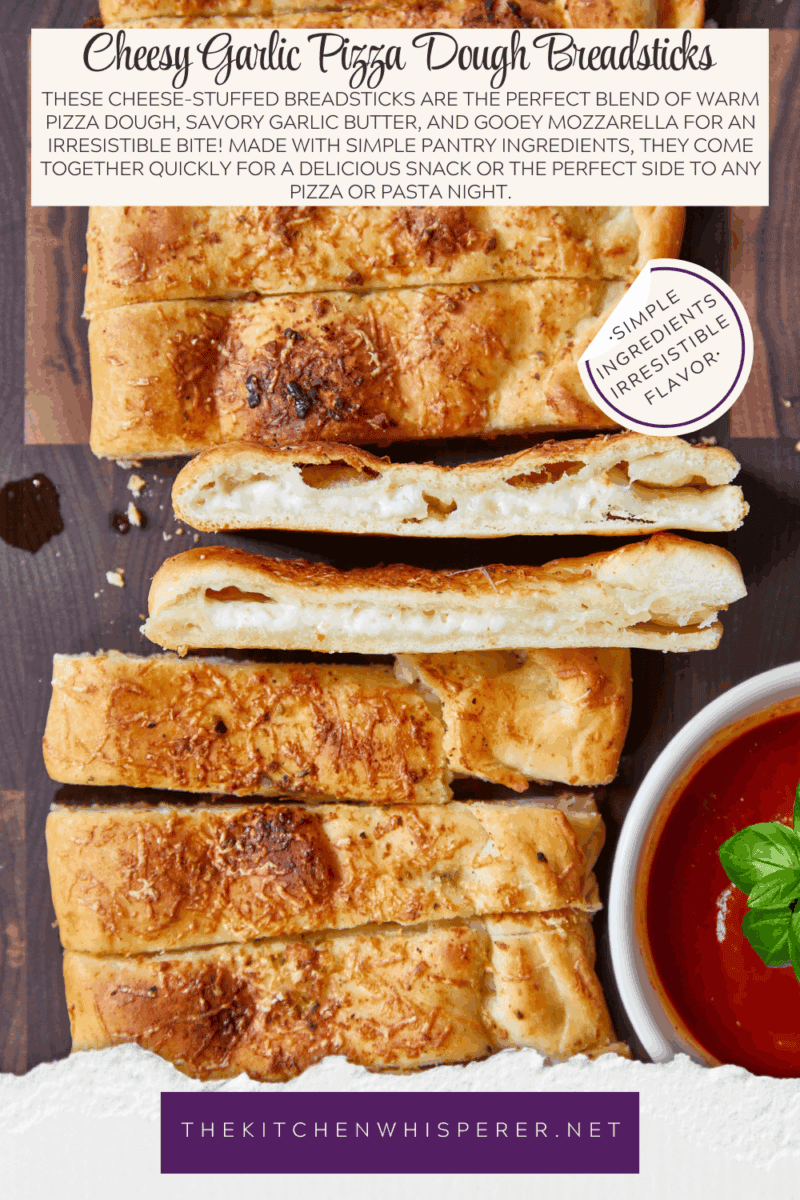 These cheese-stuffed breadsticks are the perfect blend of warm pizza dough, savory garlic butter, and gooey mozzarella for an irresistible bite! Made with simple pantry ingredients, they come together quickly for a delicious snack or the perfect side to any pizza or pasta night.