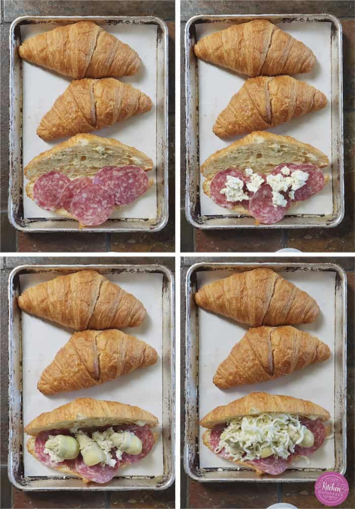 Buttery, flaky croissants stuffed with garlic butter spread, Boursin cheese, Italian meats, artichoke hearts, and mozzarella cheese. Topped with tomato slices, fresh basil, and a drizzle of balsamic glaze, they bake up perfectly golden, freeze beautifully, and are an easy Italian-inspired meal anytime!