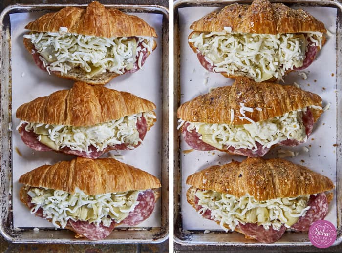 Buttery, flaky croissants stuffed with garlic butter spread, Boursin cheese, Italian meats, artichoke hearts, and mozzarella cheese. Topped with tomato slices, fresh basil, and a drizzle of balsamic glaze, they bake up perfectly golden, freeze beautifully, and are an easy Italian-inspired meal anytime!