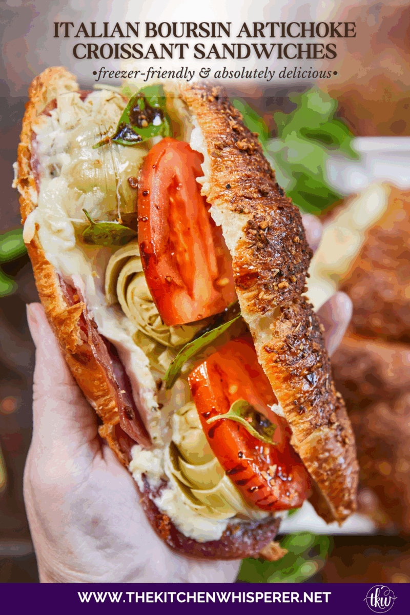 Buttery, flaky croissants stuffed with garlic butter spread, Boursin cheese, Italian meats, artichoke hearts, and mozzarella cheese. Topped with tomato slices, fresh basil, and a drizzle of balsamic glaze, they bake up perfectly golden, freeze beautifully, and are an easy Italian-inspired meal anytime!