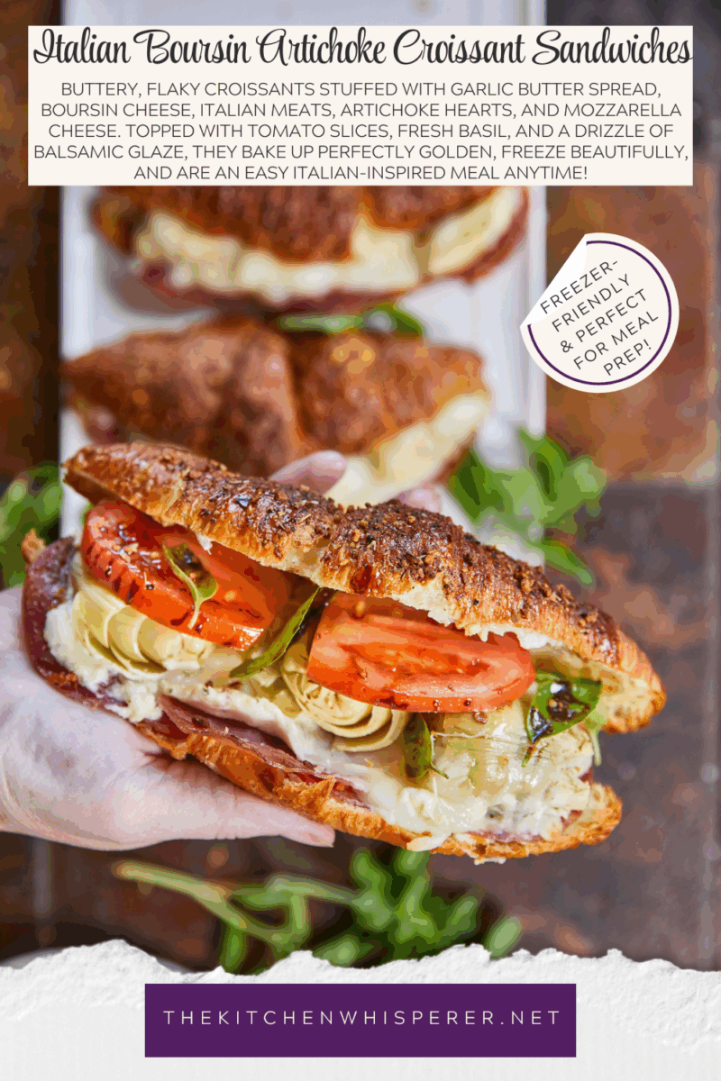 Buttery, flaky croissants stuffed with garlic butter spread, Boursin cheese, Italian meats, artichoke hearts, and mozzarella cheese. Topped with tomato slices, fresh basil, and a drizzle of balsamic glaze, they bake up perfectly golden, freeze beautifully, and are an easy Italian-inspired meal anytime!