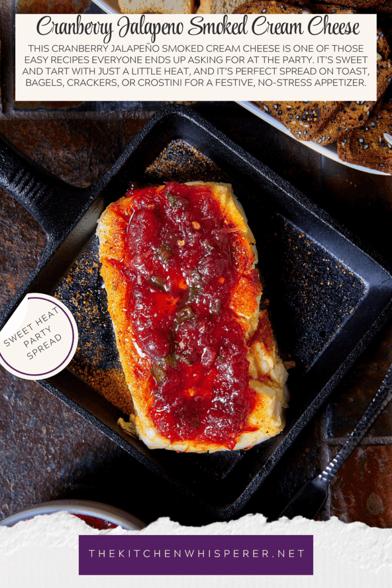 This cranberry jalapeño smoked cream cheese is one of those easy recipes everyone ends up asking for at the party. It’s sweet and tart with just a little heat, and it’s perfect spread on toast, bagels, crackers, or crostini for a festive, no-stress appetizer.
