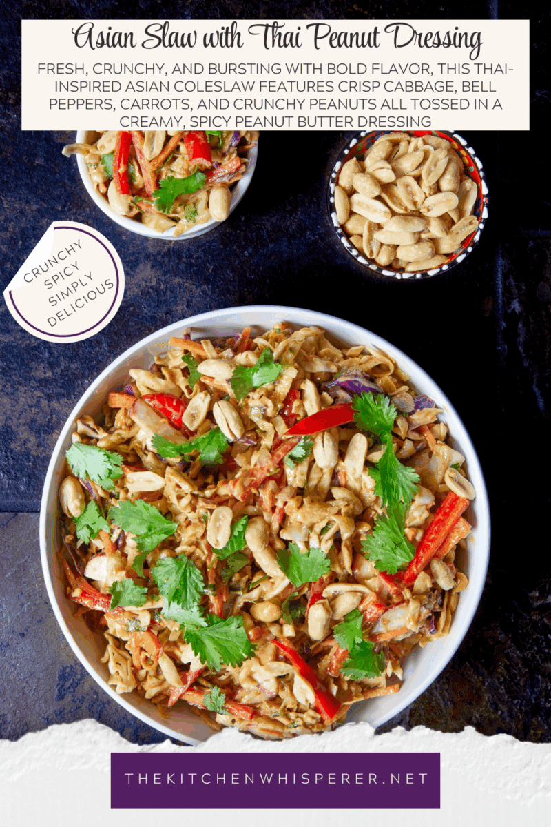 Fresh, crunchy, and bursting with bold flavor, this Thai-inspired Asian coleslaw features crisp cabbage, bell peppers, carrots, and crunchy peanuts all tossed in a creamy, spicy peanut butter dressing.