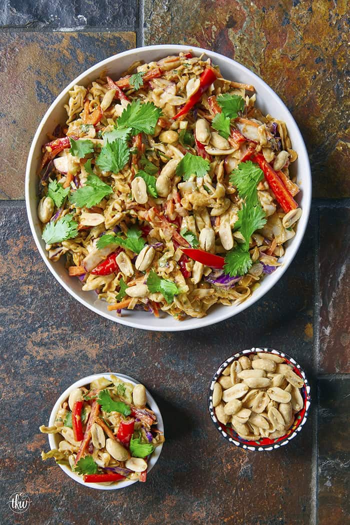 Fresh, crunchy, and bursting with bold flavor, this Thai-inspired Asian coleslaw features crisp cabbage, bell peppers, carrots, and crunchy peanuts all tossed in a creamy, spicy peanut butter dressing.