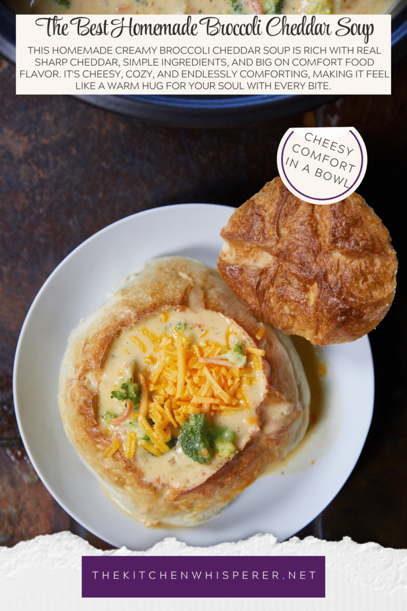 This homemade creamy broccoli cheddar soup is rich with real sharp cheddar, simple ingredients, and big on comfort food flavor. It's cheesy, cozy, and endlessly comforting, making it feel like a warm hug for your soul with every bite.