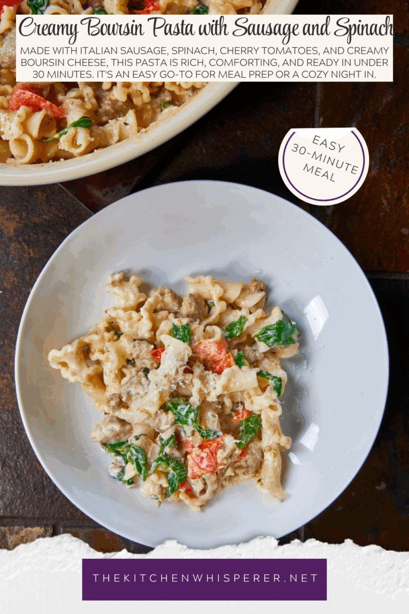 Made with Italian sausage, spinach, cherry tomatoes, and creamy Boursin cheese, this pasta is rich, comforting, and ready in under 30 minutes. It's an easy go-to for meal prep or a cozy night in.