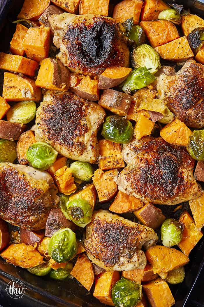Crispy chicken thighs roast alongside caramelized sweet potatoes and Brussels sprouts for an easy, flavor-packed chicken dinner. The mango chipotle seasoning brings sweet heat and bold flavors, making this recipe perfect for busy weeknight dinners and simple meal prep.