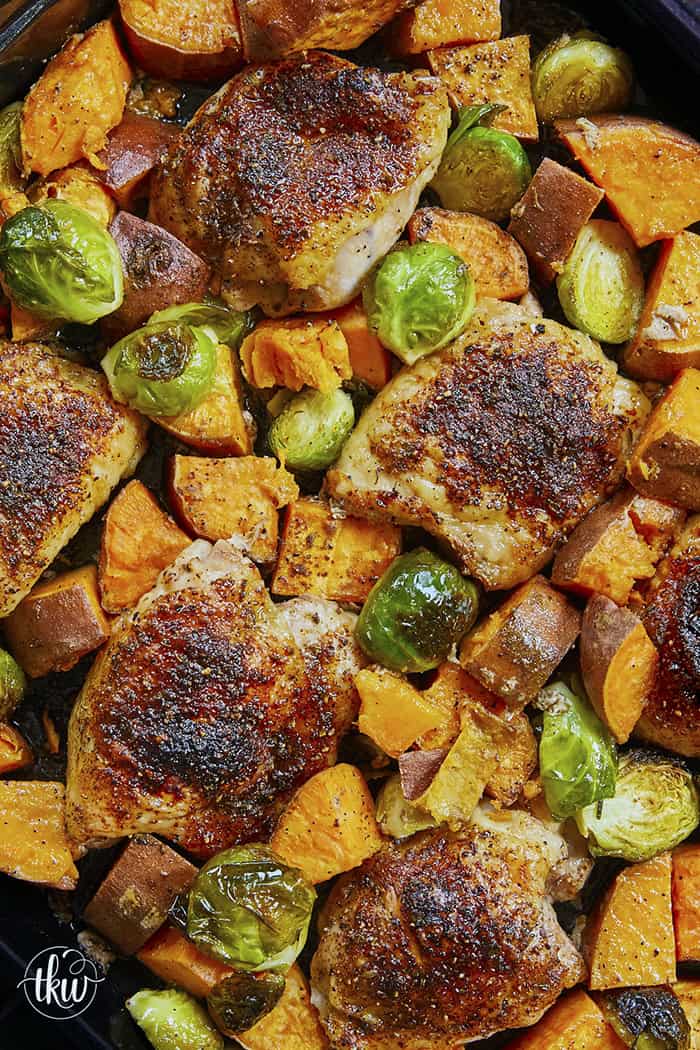 Crispy chicken thighs roast alongside caramelized sweet potatoes and Brussels sprouts for an easy, flavor-packed chicken dinner. The mango chipotle seasoning brings sweet heat and bold flavors, making this recipe perfect for busy weeknight dinners and simple meal prep.