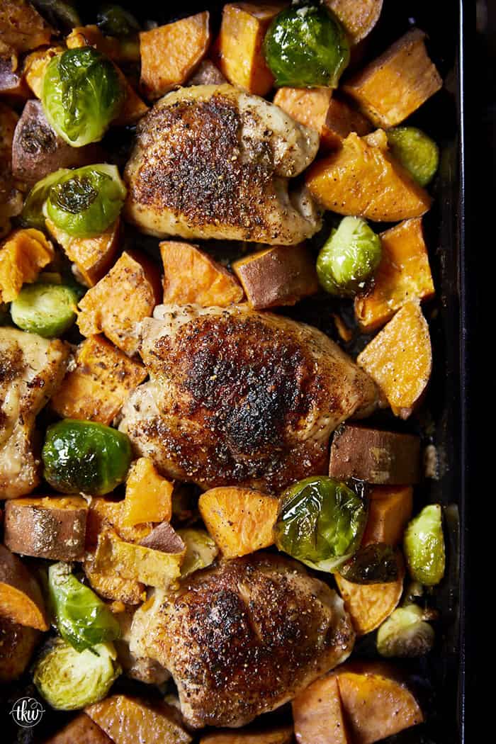 Crispy chicken thighs roast alongside caramelized sweet potatoes and Brussels sprouts for an easy, flavor-packed chicken dinner. The mango chipotle seasoning brings sweet heat and bold flavors, making this recipe perfect for busy weeknight dinners and simple meal prep.