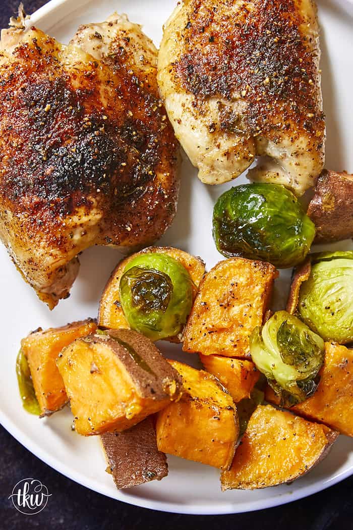 Crispy chicken thighs roast alongside caramelized sweet potatoes and Brussels sprouts for an easy, flavor-packed chicken dinner. The mango chipotle seasoning brings sweet heat and bold flavors, making this recipe perfect for busy weeknight dinners and simple meal prep.