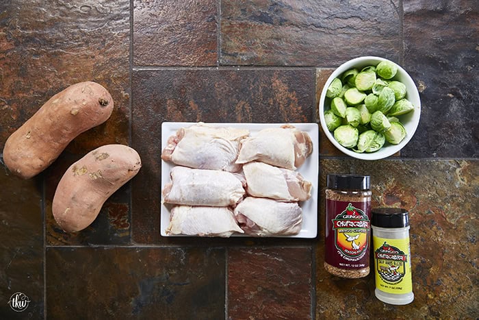Crispy chicken thighs roast alongside caramelized sweet potatoes and Brussels sprouts for an easy, flavor-packed chicken dinner. The mango chipotle seasoning brings sweet heat and bold flavors, making this recipe perfect for busy weeknight dinners and simple meal prep.