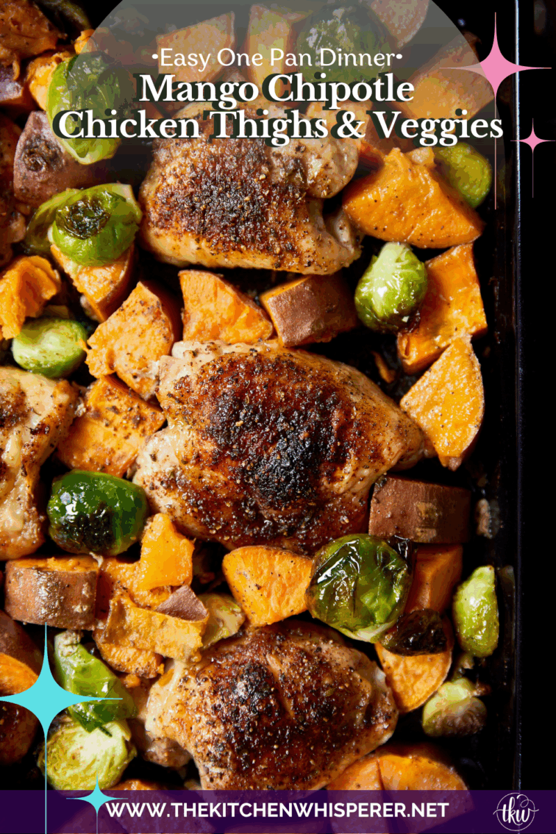 Crispy chicken thighs roast alongside caramelized sweet potatoes and Brussels sprouts for an easy, flavor-packed chicken dinner. The mango chipotle seasoning brings sweet heat and bold flavors, making this recipe perfect for busy weeknight dinners and simple meal prep.