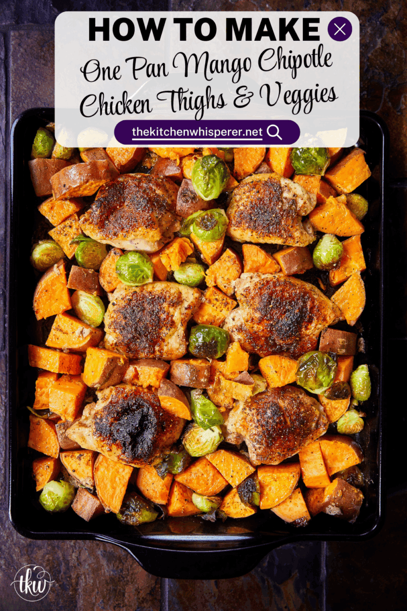 Crispy chicken thighs roast alongside caramelized sweet potatoes and Brussels sprouts for an easy, flavor-packed chicken dinner. The mango chipotle seasoning brings sweet heat and bold flavors, making this recipe perfect for busy weeknight dinners and simple meal prep.