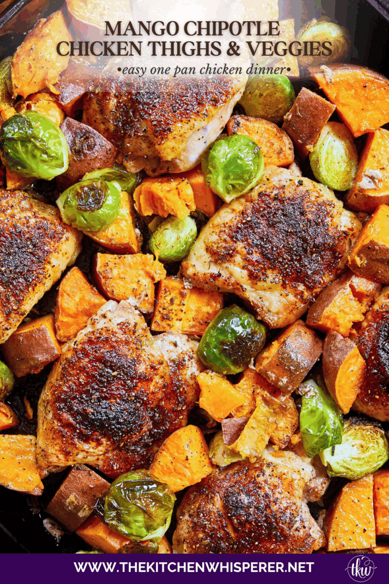 Crispy chicken thighs roast alongside caramelized sweet potatoes and Brussels sprouts for an easy, flavor-packed chicken dinner. The mango chipotle seasoning brings sweet heat and bold flavors, making this recipe perfect for busy weeknight dinners and simple meal prep.