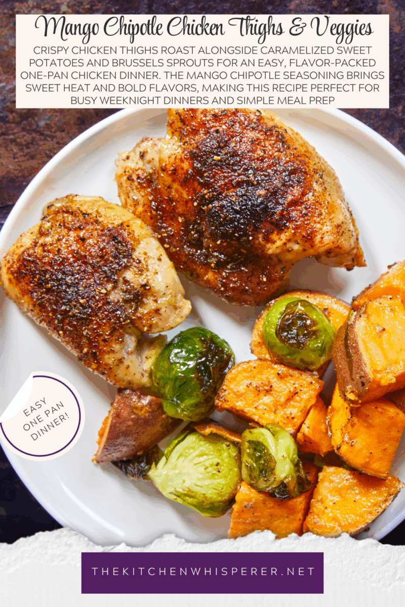 Crispy chicken thighs roast alongside caramelized sweet potatoes and Brussels sprouts for an easy, flavor-packed chicken dinner. The mango chipotle seasoning brings sweet heat and bold flavors, making this recipe perfect for busy weeknight dinners and simple meal prep.