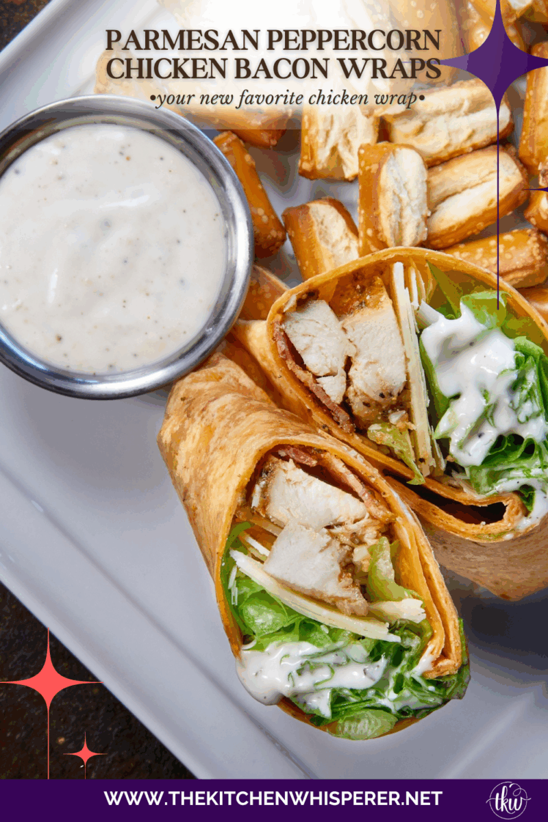 Juicy oven-baked chicken, crispy bacon, fresh lettuce, and creamy Parmesan-peppercorn dressing come together in a soft flour tortilla for the ultimate chicken wrap. These 6-ingredient wraps are perfect for meal prep, busy schedules, and grab-and-go bites!