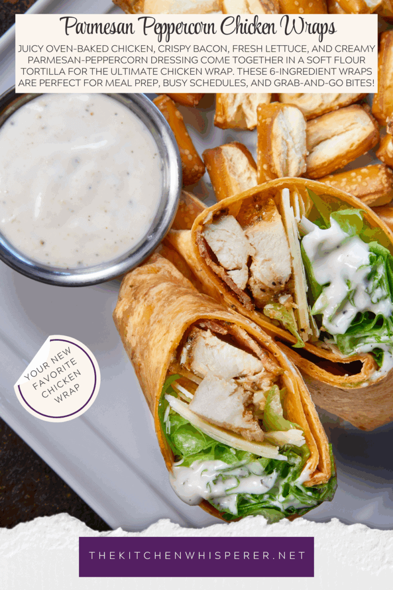 Juicy oven-baked chicken, crispy bacon, fresh lettuce, and creamy Parmesan-peppercorn dressing come together in a soft flour tortilla for the ultimate chicken wrap. These 6-ingredient wraps are perfect for meal prep, busy schedules, and grab-and-go bites!