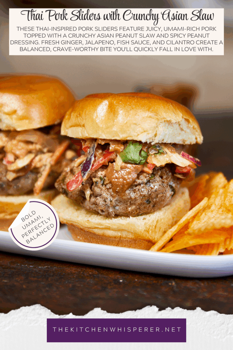 These Thai-inspired pork sliders feature juicy, umami-rich pork topped with a crunchy Asian peanut slaw and spicy peanut dressing. Fresh ginger, jalapeno, fish sauce, and cilantro create a balanced, crave-worthy bite you'll quickly fall in love with.