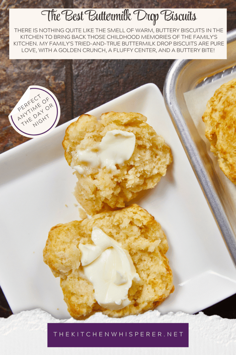 There is nothing quite like the smell of warm, buttery biscuits in the kitchen to bring back those childhood memories of Mom's kitchen. My family's tried-and-true buttermilk drop biscuits are pure love, with a golden crunch, a fluffy center, and a buttery bite!