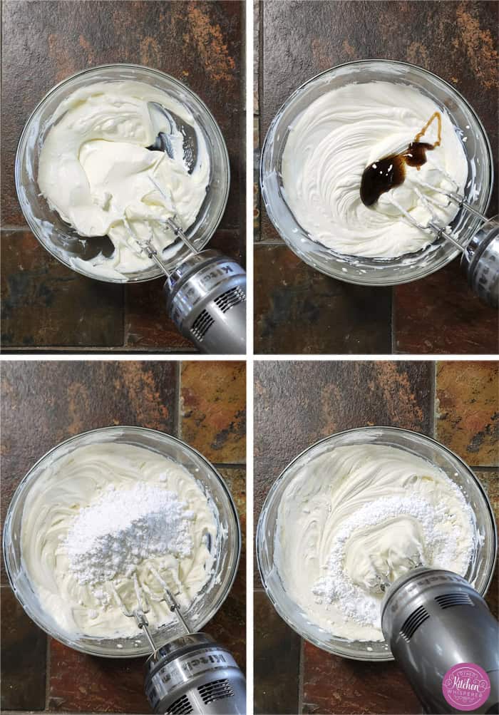 Whisking a light and airy Italian ricotta cheesecake filling with visible vanilla bean specks in a glass mixing bowl.